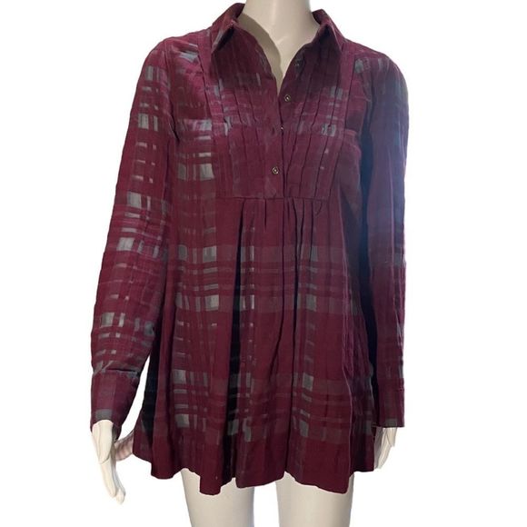 Free People Plaid Burgundy Button Up Above Knee Mini Dress/Top XS - Picture 1 of 4